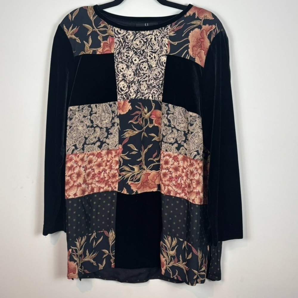 Carole Little Vintage Black Velvet Floral Patchwork Tunic Blouse Womens 12 Retro